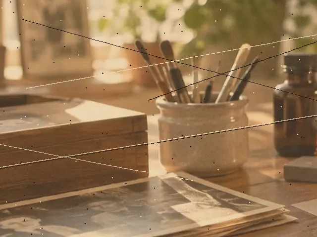 Brushes in a stoneware pot beside old prints, faded and scratched