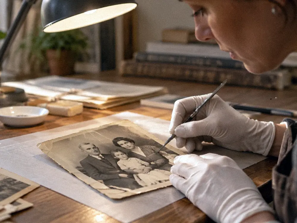 The same photograph after repair: scratches and dust gone, colour and contrast back