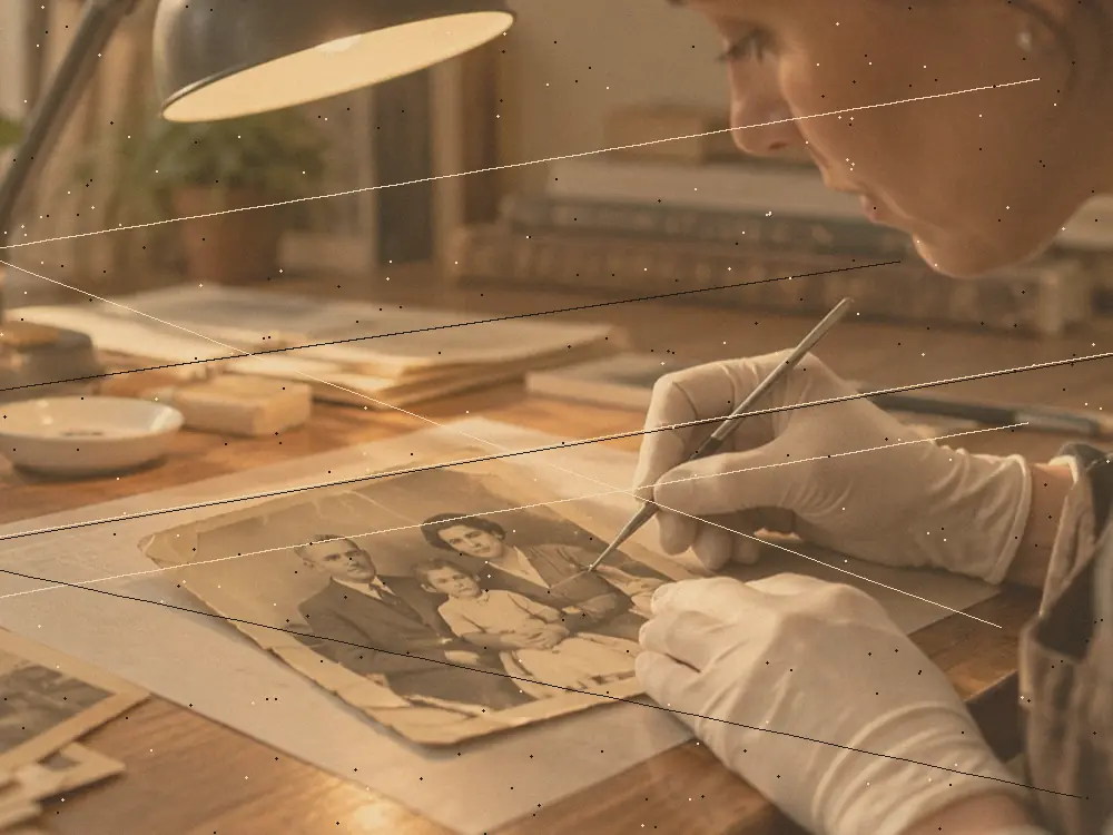 A restorer at her desk working on an old family portrait, faded and covered in scratches and dust